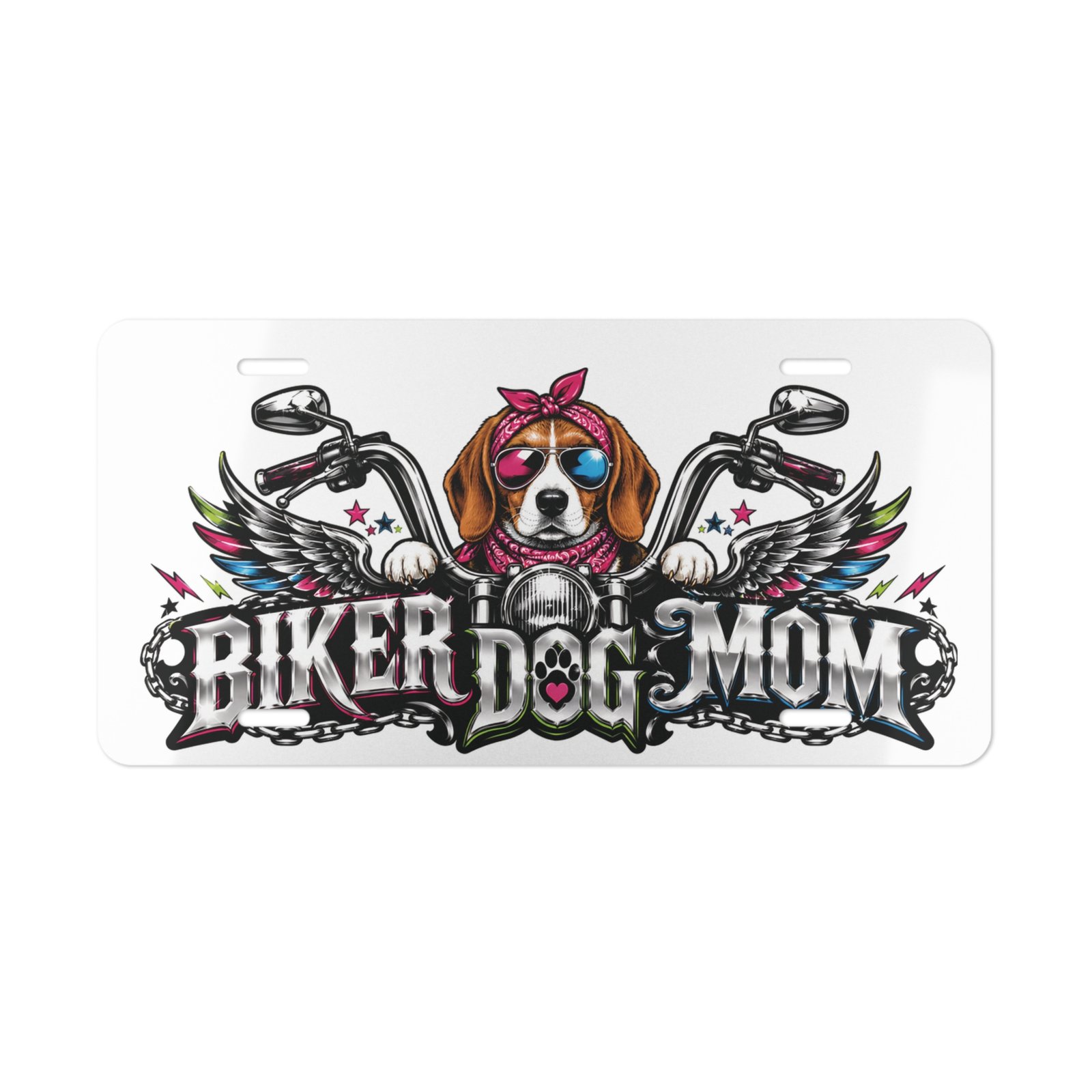 Vanity Plate - "Biker Dog Mom" Chrome Motorcycle - Beagle - License Plate