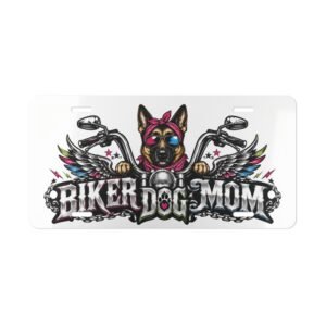 Vanity Plate - "Biker Dog Mom" Chrome Motorcycle - German Shepherd - License Plate