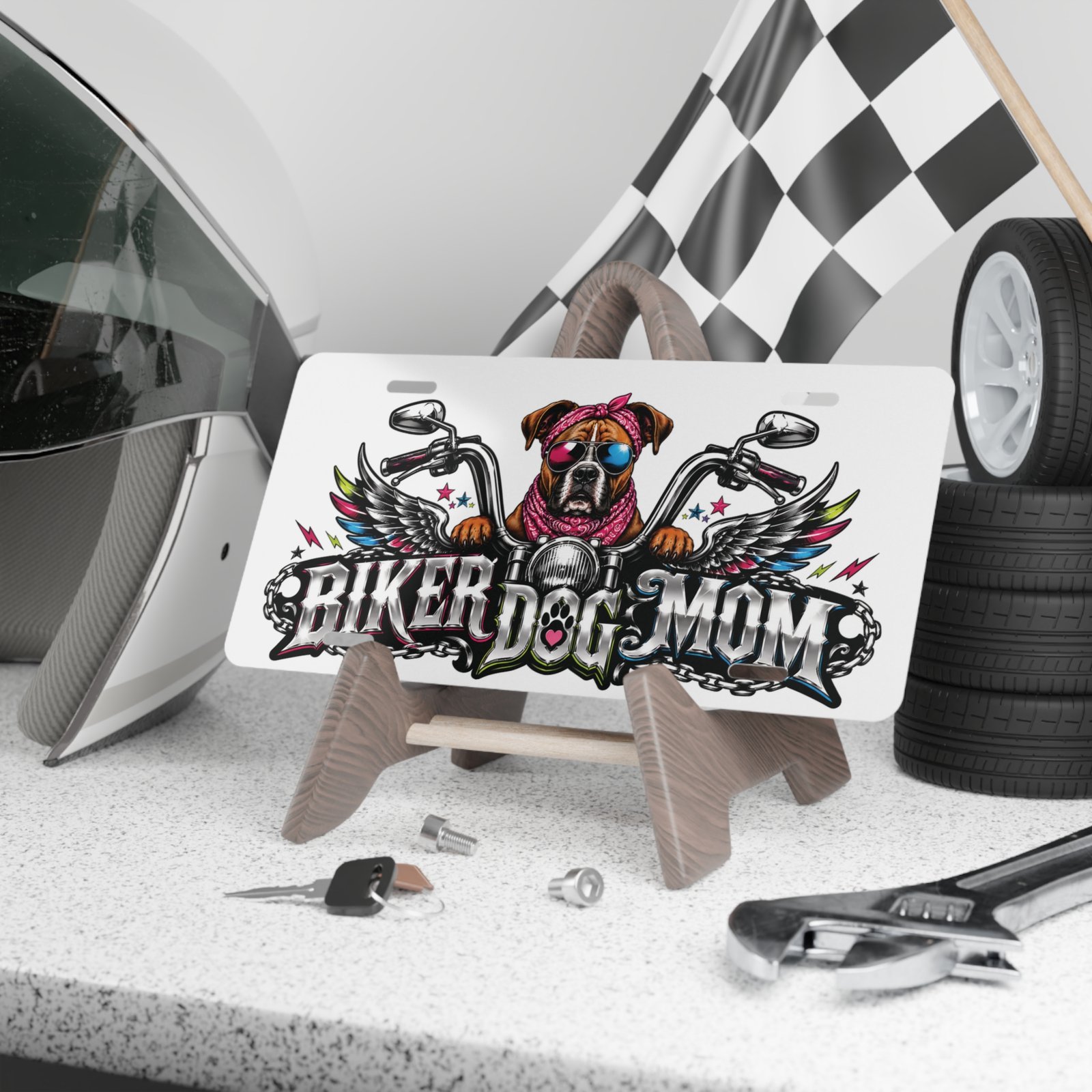 Vanity Plate - "Biker Dog Mom" Chrome Motorcycle - Boxer - License Plate - Image 4