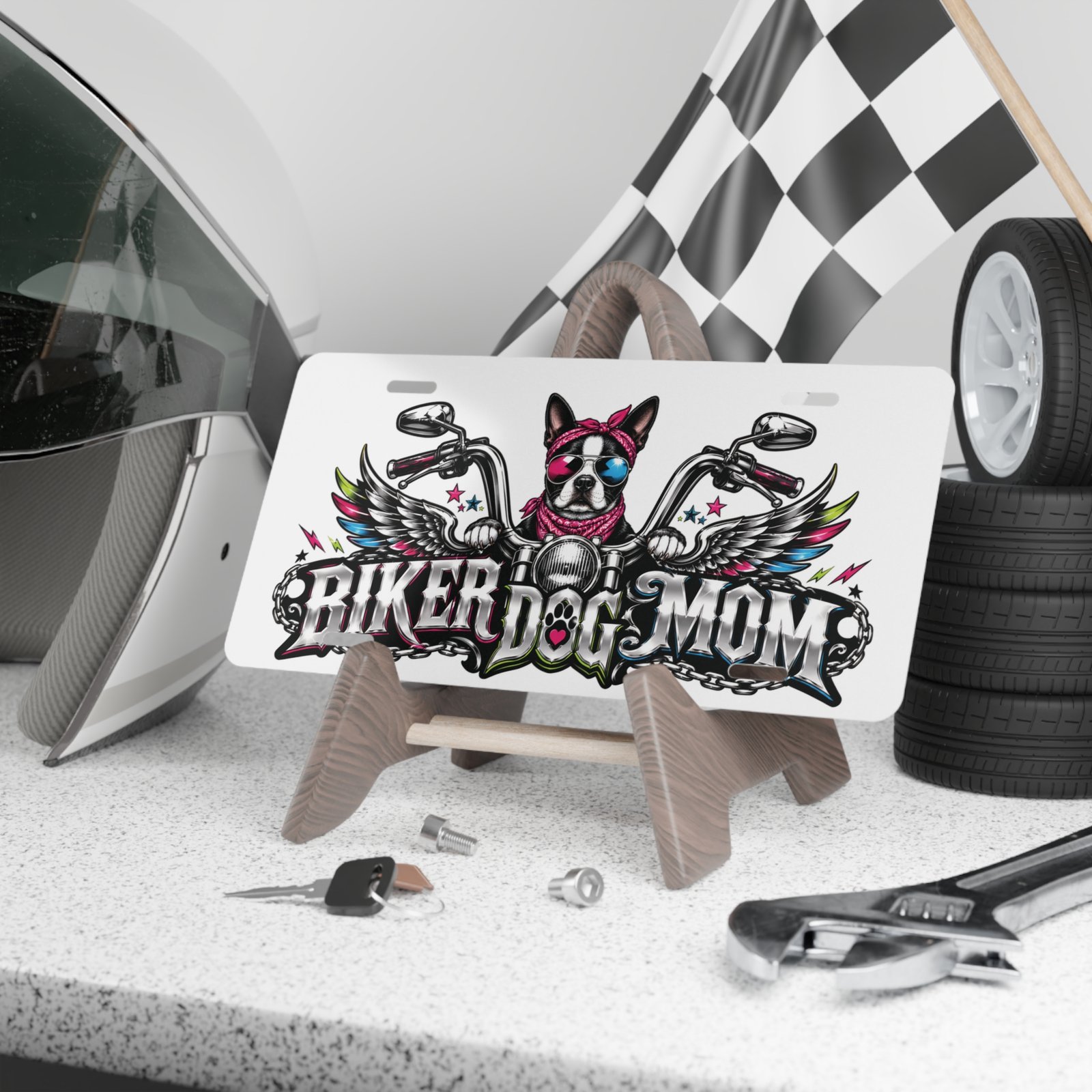 Vanity Plate - "Biker Dog Mom" Chrome Motorcycle - Boston Terrier - License Plate - Image 4