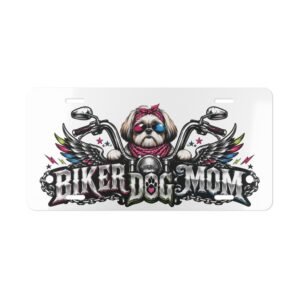 Vanity Plate - "Biker Dog Mom" Chrome Motorcycle - Shih Tzu - License Plate