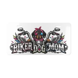 Vanity Plate - "Biker Dog Mom" Chrome Motorcycle - Dachshund - License Plate