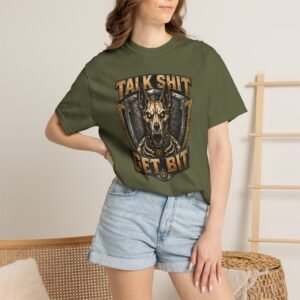 'Talk Shit Get Bit' - Badass Belgian Malinois Skeleton Shield - Dog Trainer Handler T-Shirt - Comfort Colors 1717