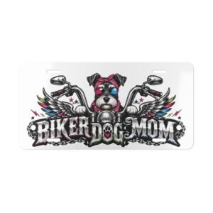 Vanity Plate - "Biker Dog Mom" Chrome Motorcycle - Miniature Schnauzer - License Plate