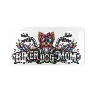 Vanity Plate - "Biker Dog Mom" Chrome Motorcycle - Yorkie - License Plate