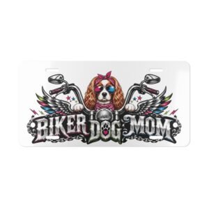 Vanity Plate - "Biker Dog Mom" Chrome Motorcycle - King Charles Spaniel - License Plate
