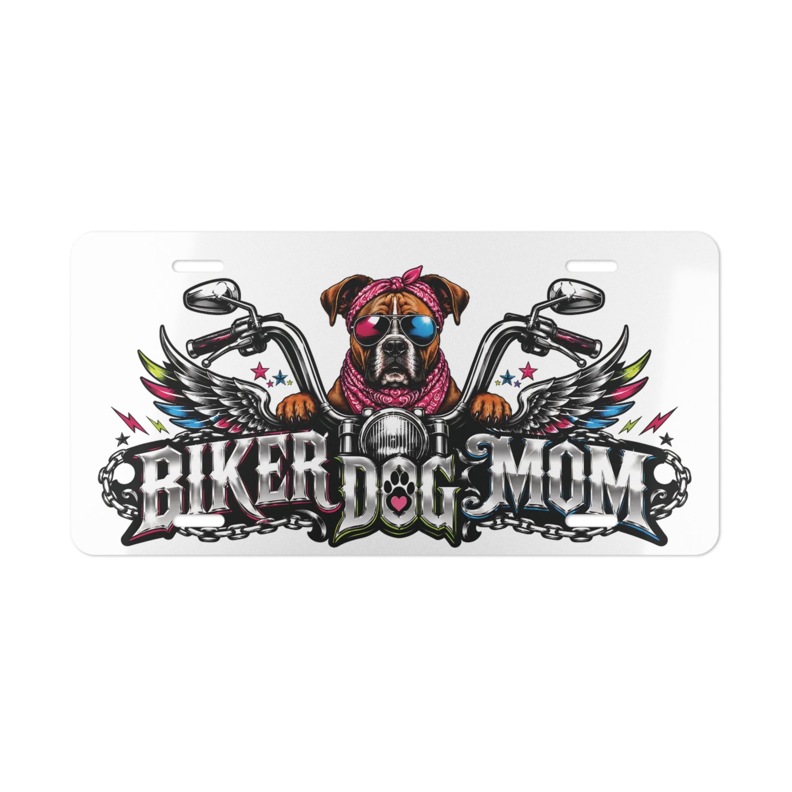 Vanity Plate - "Biker Dog Mom" Chrome Motorcycle - Boxer - License Plate