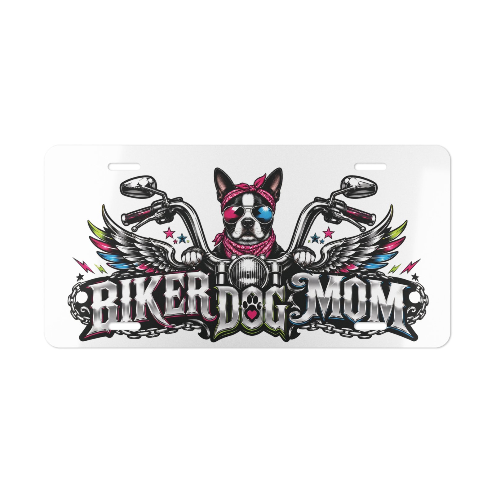 Vanity Plate - "Biker Dog Mom" Chrome Motorcycle - Boston Terrier - License Plate