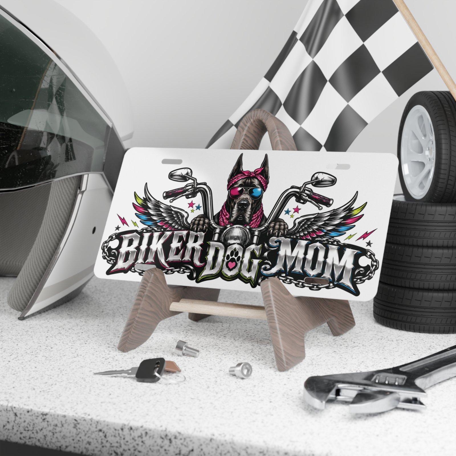 Vanity Plate - "Biker Dog Mom" Chrome Motorcycle - Great Dane - License Plate - Image 4