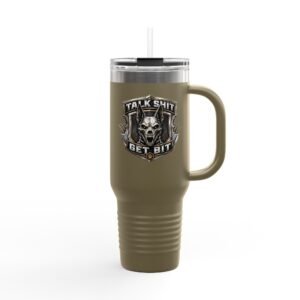 40oz Insulated Travel Mug - 'Talk Shit Get Bit' - Belgian Malinois Skull Shield - Choice of Colors