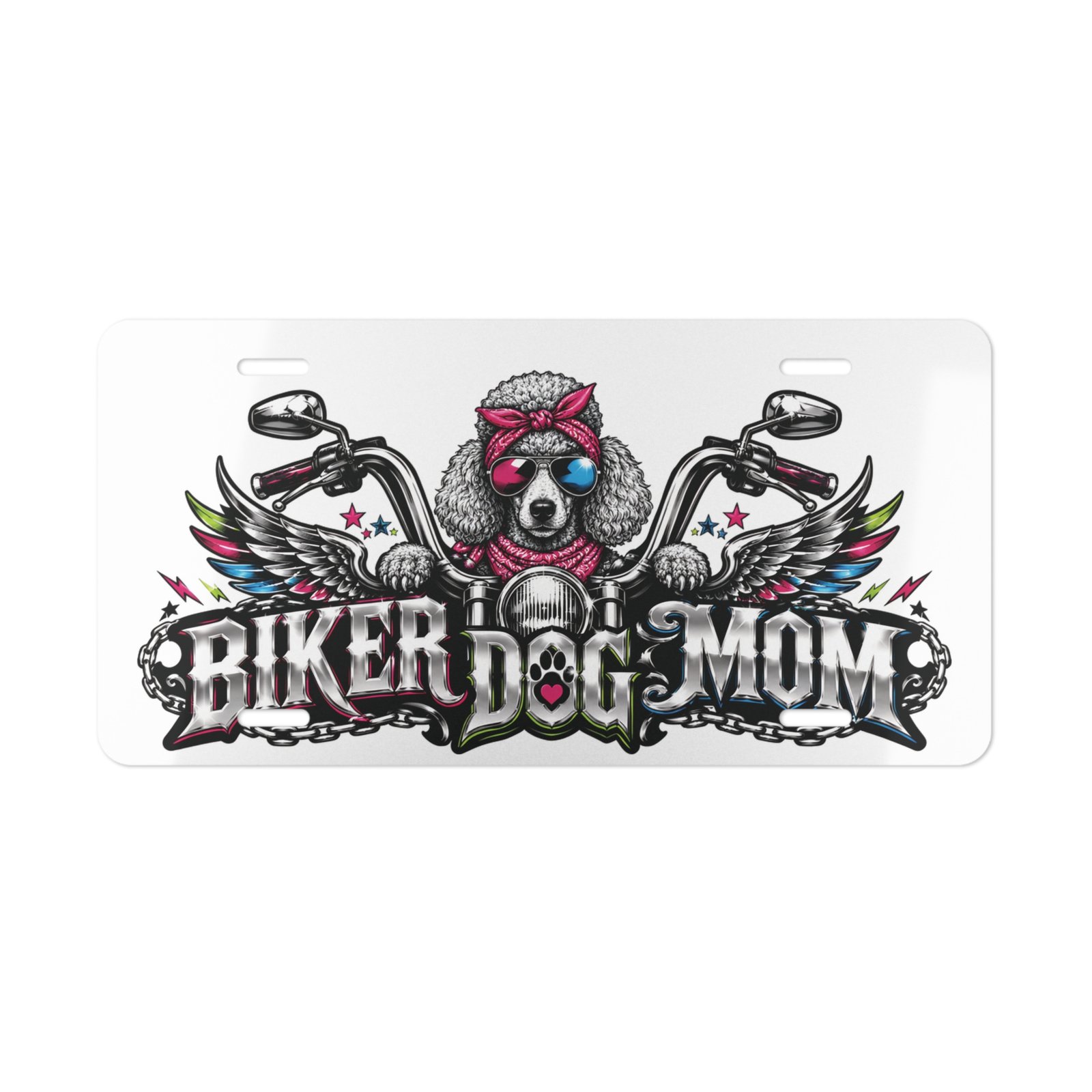 Vanity Plate - "Biker Dog Mom" Chrome Motorcycle - Poodle - License Plate