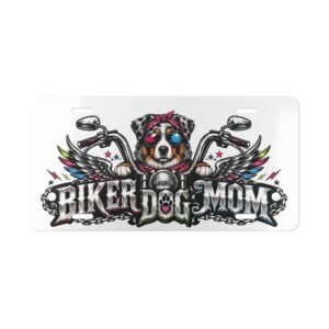 Vanity Plate - "Biker Dog Mom" Chrome Motorcycle - Australian Shepherd - License Plate