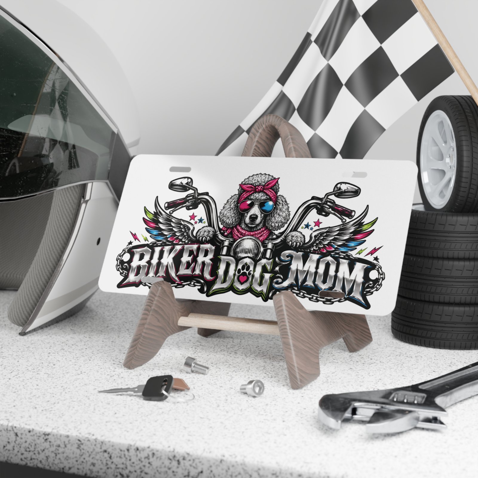 Vanity Plate - "Biker Dog Mom" Chrome Motorcycle - Poodle - License Plate - Image 4